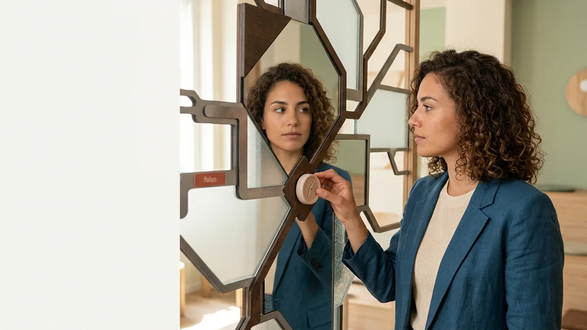 Imagen editorial de a person discovering a personal profile through a mirror-like arrangement of traits, paths and choices, suggesting self-discovery; a recognizable mistake with visual warning cues and a concrete corrective action, creating curiosity about the solution. Artículo: 7 errores al crear hábitos que sabotean tu disciplina en 2026