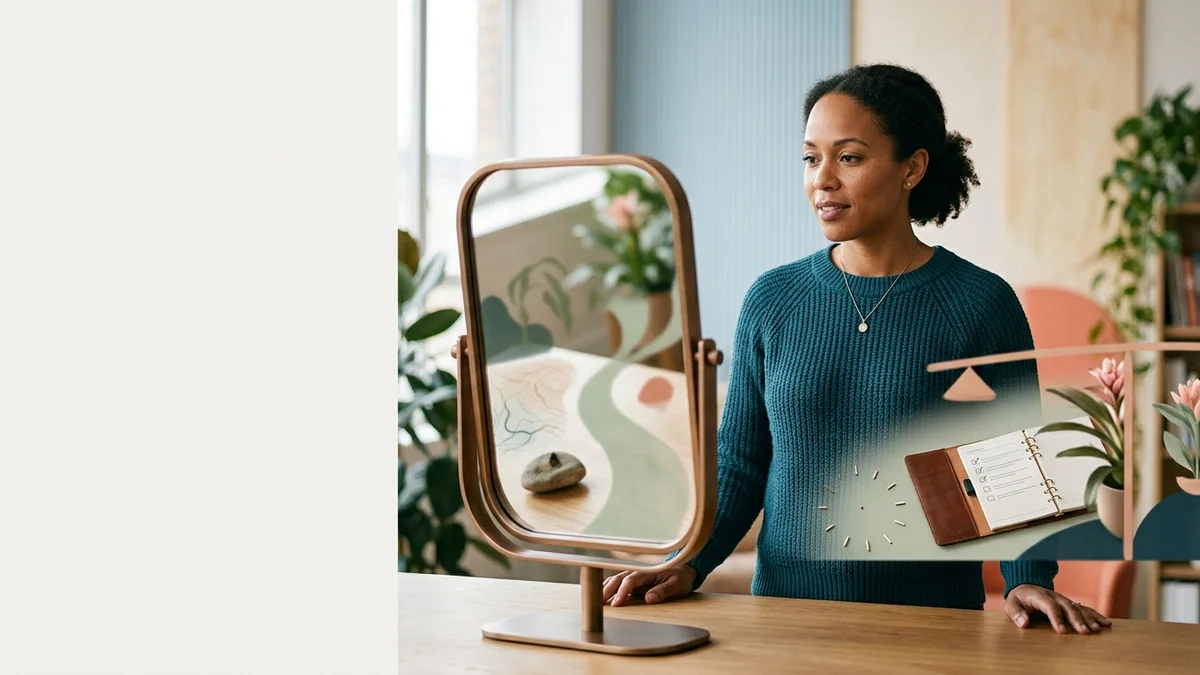 Imagen editorial de una persona serena organizando su semana en un cuaderno junto a un reloj y tarjetas de prioridades, en un espacio luminoso que transmite claridad y autoconocimiento. Artículo: Test de Autoconocimiento 2026: Comparativa Real para tu Tiempo