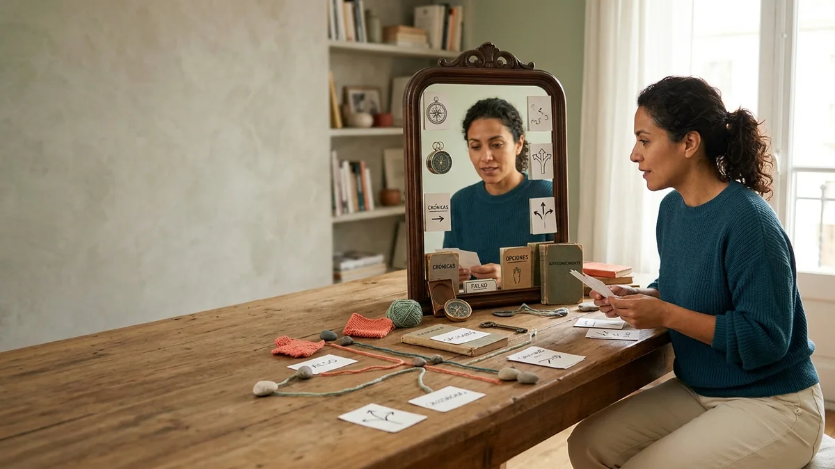 Imagen editorial de a person discovering a personal profile through a mirror-like arrangement of traits, paths and choices, suggesting self-discovery; an honest editorial review scene with a decisive evaluation gesture, visible criteria and a focal object worth examining. Artículo: Test de Autoconocimiento: reseña honesta 2026 (pros y contras)