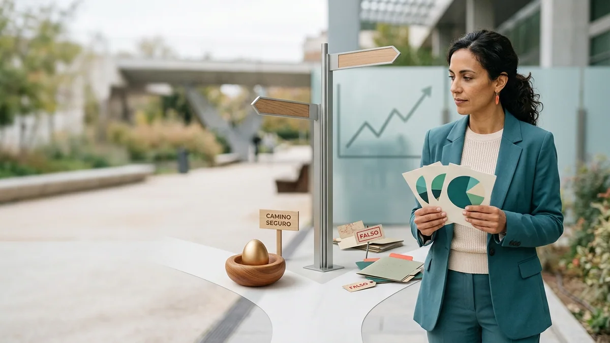 Imagen editorial de a concrete investment decision represented by a branching path, portfolio cards, an abstract growth chart and a protected nest egg, not a generic desk; a recognizable mistake with visual warning cues and a concrete corrective action, creating curiosity about the solution. Artículo: 7 errores al buscar la independencia financiera FIRE en 2026
