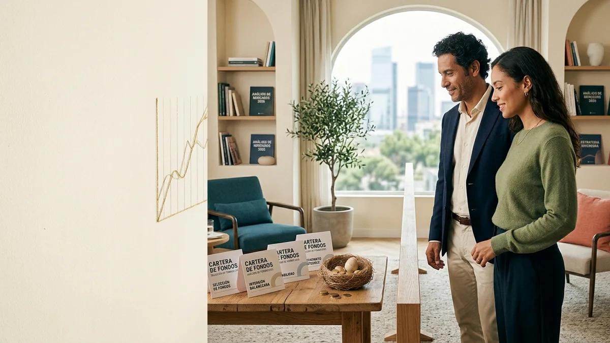 Imagen editorial de a concrete investment decision represented by a branching path, portfolio cards, an abstract growth chart and a protected nest egg, not a generic desk; a balanced visual choice between two clearly different paths, with a decision still open so the reader wants the verdict. Artículo: 7 Herramientas para Analizar Fondos de Inversión en 2026