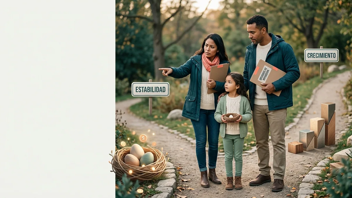 Imagen editorial de a concrete investment decision represented by a branching path, portfolio cards, an abstract growth chart and a protected nest egg, not a generic desk; a balanced visual choice between two clearly different paths, with a decision still open so the reader wants the verdict. Artículo: 7 Mejores Herramientas de Finanzas Familiares en 2026 (Comparativa)