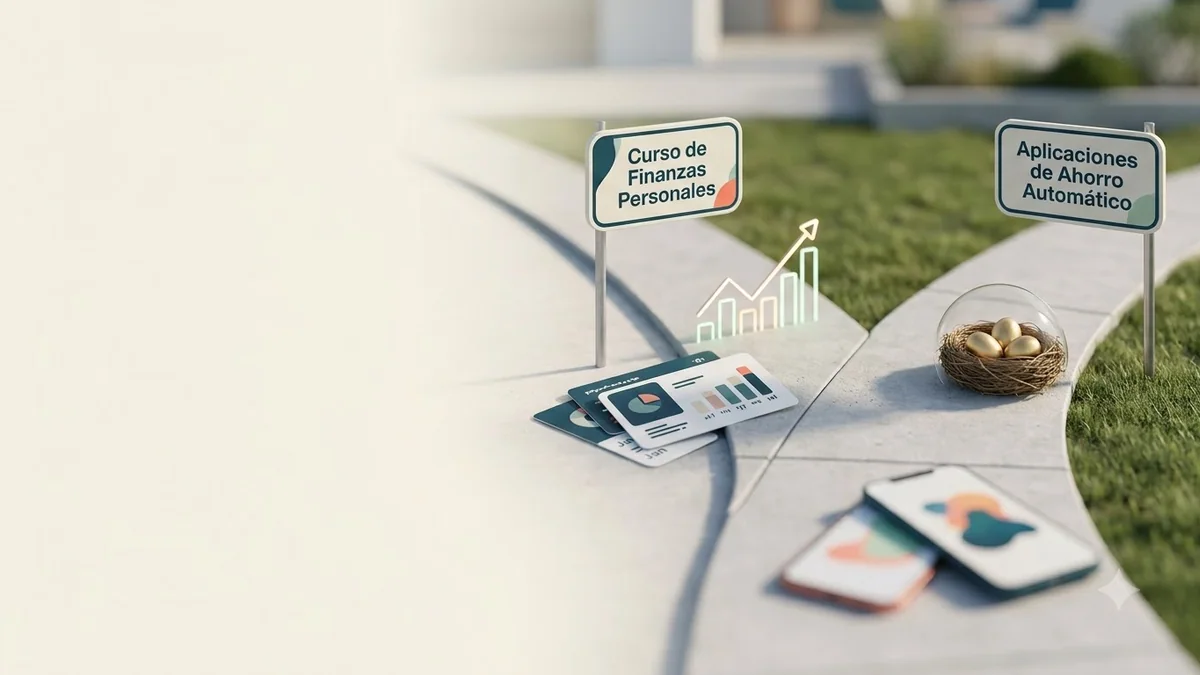 Imagen editorial de a concrete investment decision represented by a branching path, portfolio cards, an abstract growth chart and a protected nest egg, not a generic desk; a balanced visual choice between two clearly different paths, with a decision still open so the reader wants the verdict. Artículo: Curso de Finanzas Personales vs Apps de Ahorro: Guía 2026