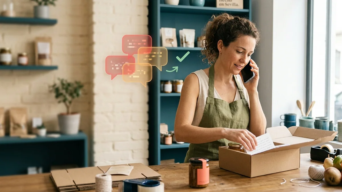 Imagen editorial de a small business handling a customer conversation from a phone while preparing an order, with abstract message bubbles and no readable text; a recognizable mistake with visual warning cues and a concrete corrective action, creating curiosity about the solution. Artículo: 7 errores al implementar IA en reuniones y ventas (evítalos en 2026)