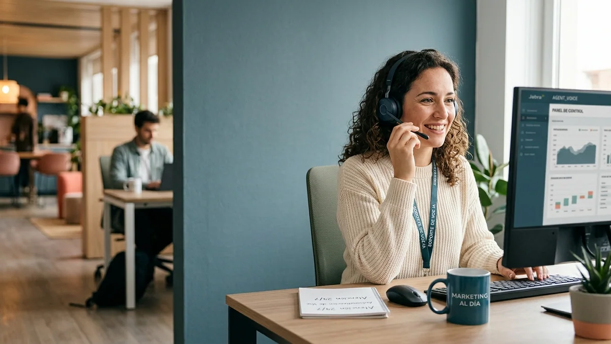 Imagen editorial de a customer-service operator handling a phone call with a headset while a client receives help, focused on the human interaction and no readable screens; a curated selection of distinct alternatives with hierarchy and contrast, inviting the reader to discover which one wins. Artículo: Agentes de voz IA para empresas: la guía 2026 sin tecnicismos