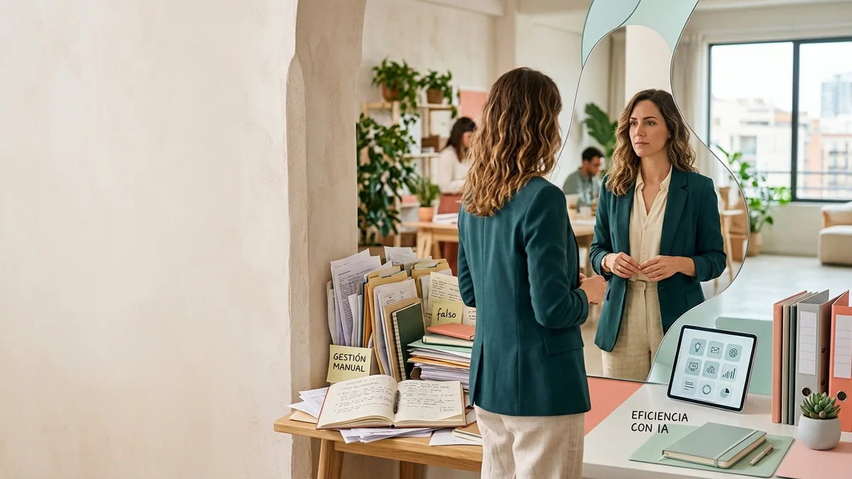 Imagen editorial de una pequeña empresa atendiendo una conversación comercial desde un teléfono sobre la mesa, con un cliente al otro lado y burbujas abstractas sin palabras ni interfaz legible. Artículo: Automatización de Marketing con IA en 2026: Guía Empresarial