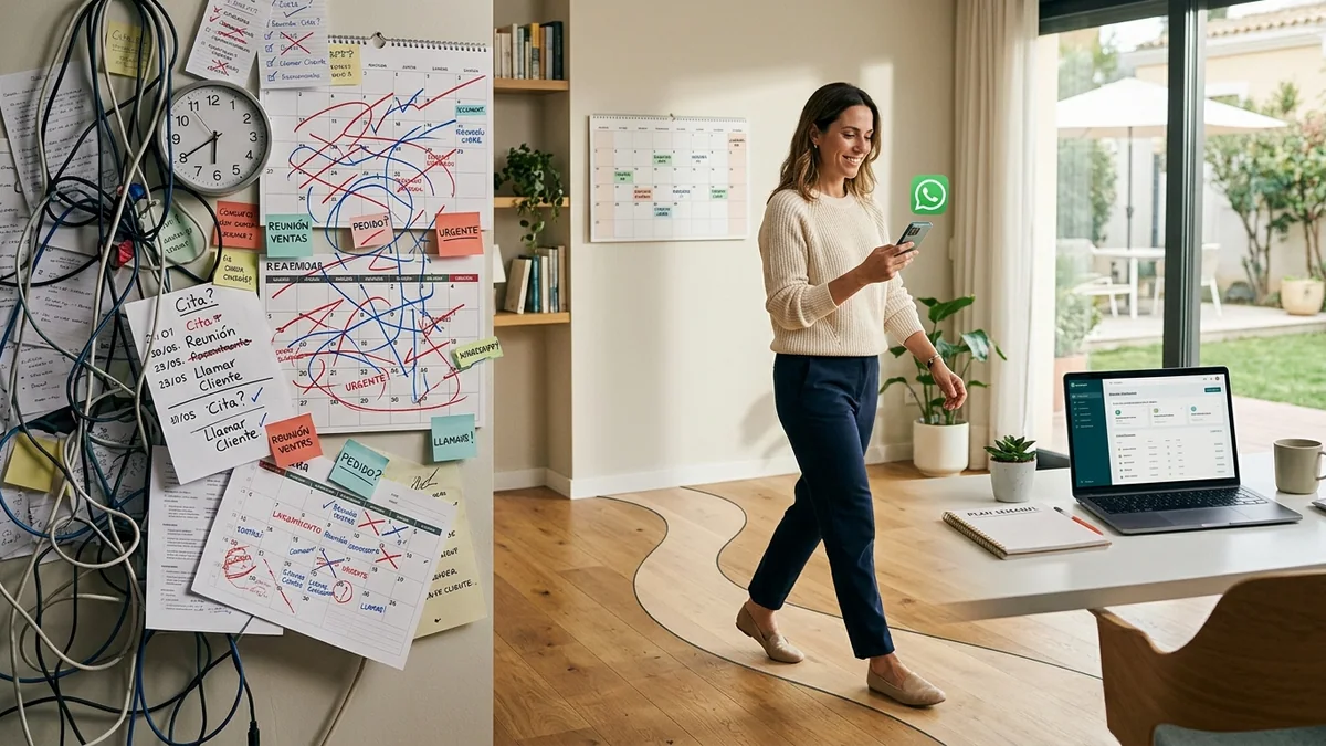 Imagen editorial de una pequeña empresa atendiendo una conversación comercial desde un teléfono sobre la mesa, con un cliente al otro lado y burbujas abstractas sin palabras ni interfaz legible. Artículo: Cómo cerrar más ventas por WhatsApp con IA sin contratar comerciales