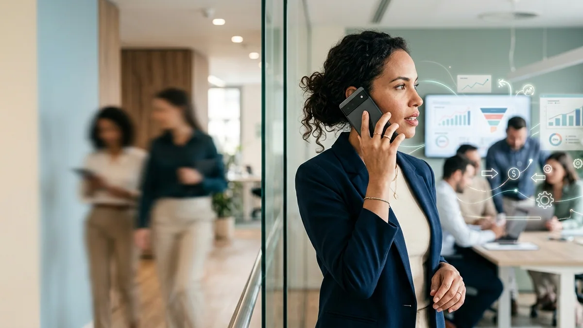 Imagen editorial de una consultora B2B revisando una pizarra física de cuentas objetivo y conectando contactos con notas adhesivas, en una reunión profesional sin logotipos ni texto legible. Artículo: Capacitación gratuita ISMMA de Dania.ai: ¿Merece la pena?