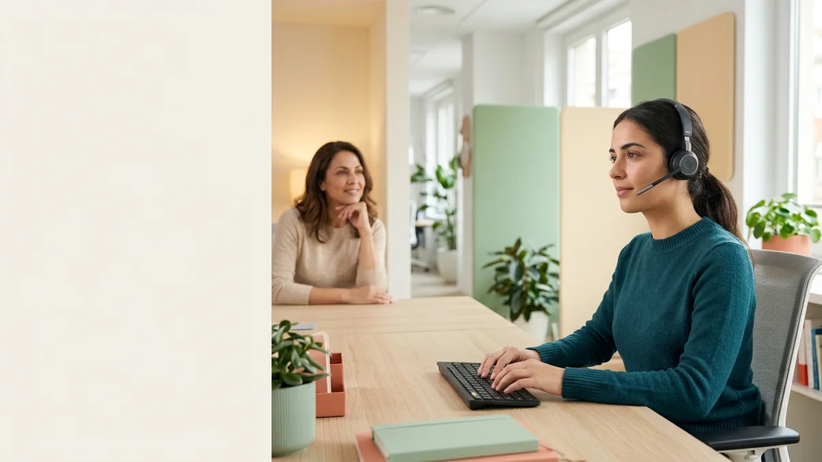 Imagen editorial de a customer-service operator handling a phone call with a headset while a client receives help, focused on the human interaction and no readable screens; a balanced visual choice between two clearly different paths, with a decision still open so the reader wants the verdict. Artículo: Dania.ai DAN Voice: review 2026 (4.2/5) — precios y alternativas