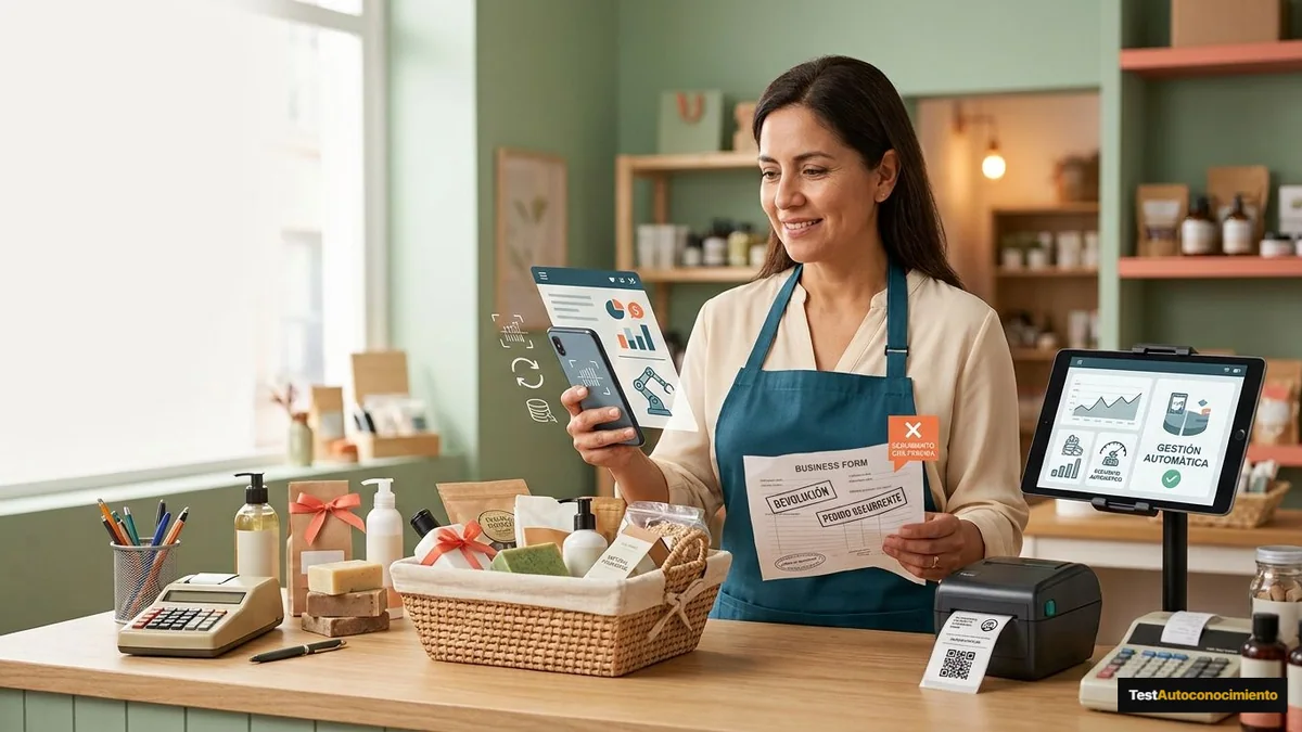 Imagen editorial de un propietario de negocio analizando métricas de ventas y automatización comercial en 2026
