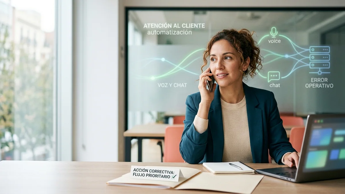 Imagen editorial de una pequeña empresa atendiendo una conversación comercial desde un teléfono sobre la mesa, con un cliente al otro lado y burbujas abstractas sin palabras ni interfaz legible. Artículo: Mejores agentes de IA para atención al cliente en 2026