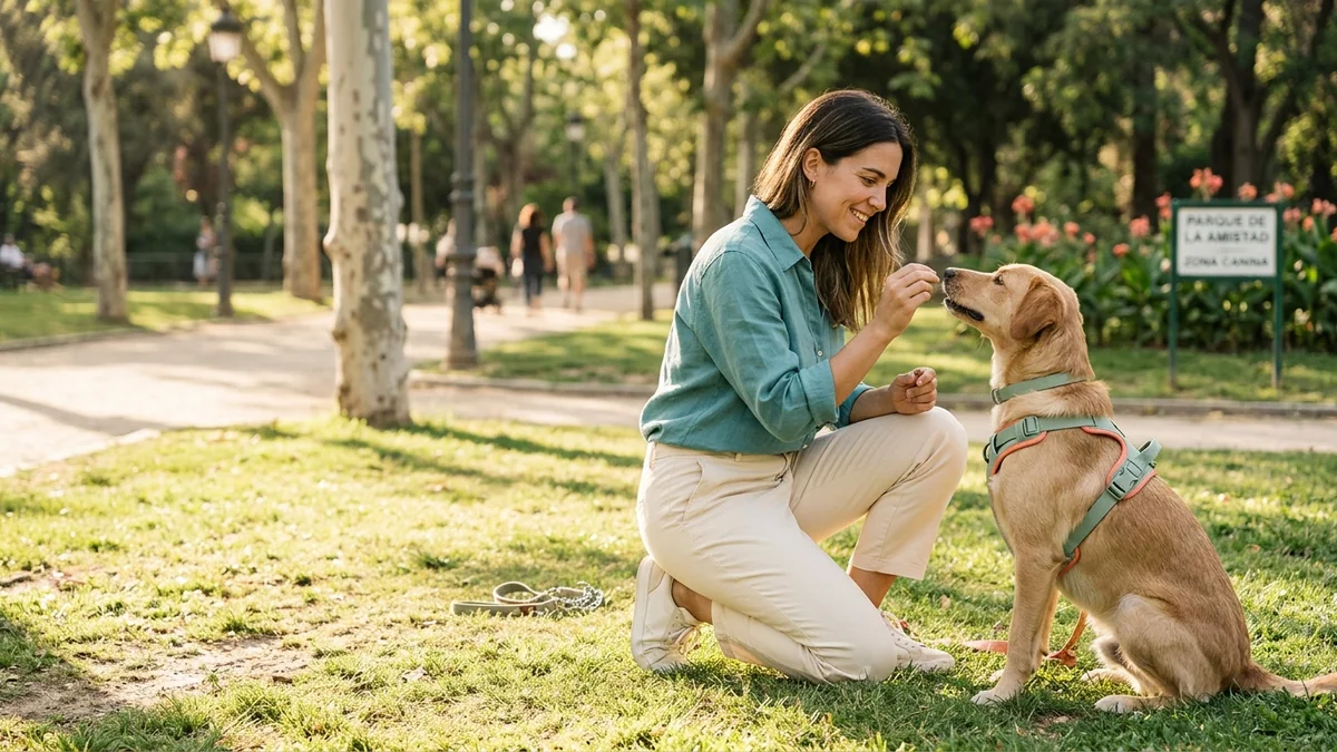 Imagen editorial de una persona guiando a un perro feliz con refuerzo positivo en un parque luminoso, con una actitud paciente y una interacción cercana. Artículo: 7 Errores al Adiestrar a tu Perro en 2026 (y Cómo Evitarlos)