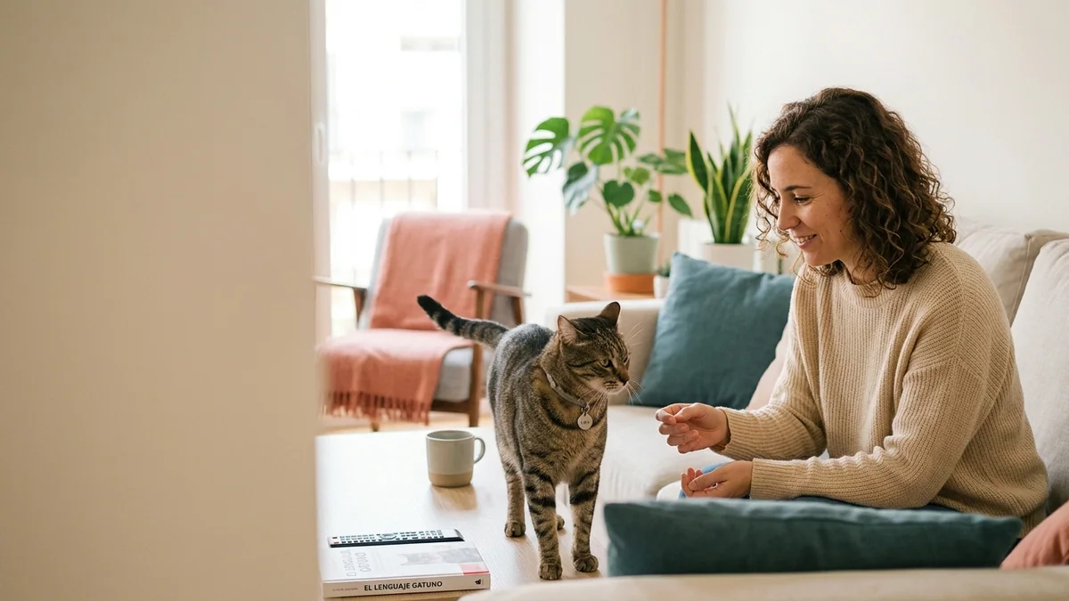 Imagen editorial de a cat owner decoding a domestic cat body-language moment, with a close trust-building interaction in a calm home; a recognizable mistake with visual warning cues and a concrete corrective action, creating curiosity about the solution. Artículo: 7 errores comunes con la conducta de tu gato en 2026 (y su solución)