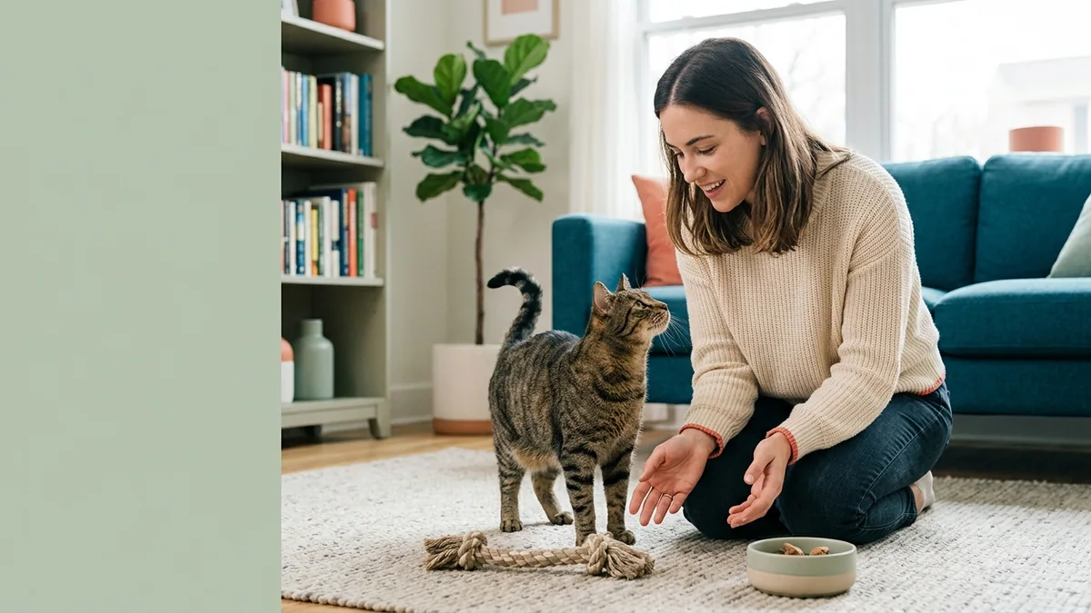 Imagen editorial de a cat owner decoding a domestic cat body-language moment, with a close trust-building interaction in a calm home; a balanced visual choice between two clearly different paths, with a decision still open so the reader wants the verdict. Artículo: 7 Mejores Guías de Nutrición Felina en 2026: Comparativa Real
