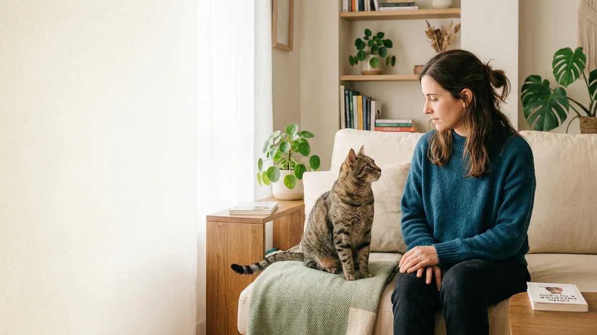 Imagen editorial de a cat owner decoding a domestic cat body-language moment, with a close trust-building interaction in a calm home; a balanced visual choice between two clearly different paths, with a decision still open so the reader wants the verdict. Artículo: 7 Recursos para Entender el Comportamiento de tu Gato en 2026
