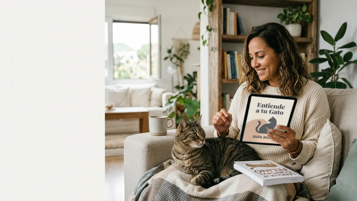 Imagen editorial de a cat owner decoding a domestic cat body-language moment, with a close trust-building interaction in a calm home; a balanced visual choice between two clearly different paths, with a decision still open so the reader wants the verdict. Artículo: Cómo elegir la mejor guía para entender a tu gato en 2026
