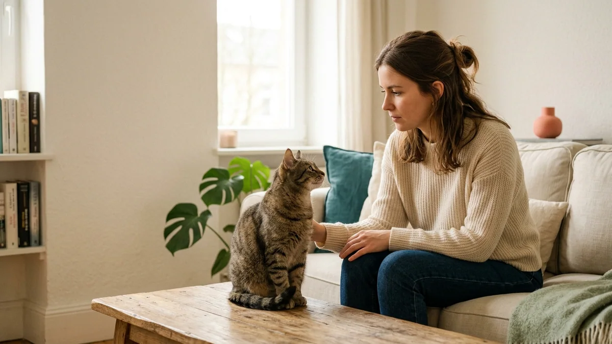 Imagen editorial de a cat owner decoding a domestic cat body-language moment, with a close trust-building interaction in a calm home; a balanced visual choice between two clearly different paths, with a decision still open so the reader wants the verdict. Artículo: Entiende a tu Gato: Reseña Honesta del eBook en 2026