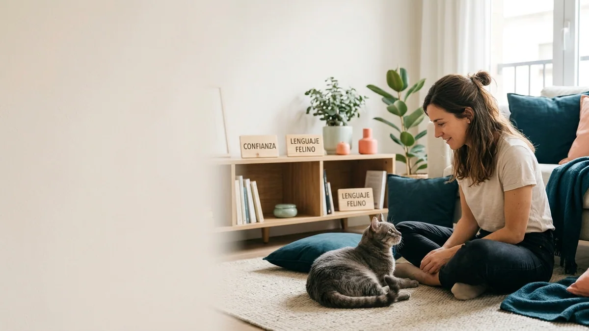 Imagen editorial de a cat owner decoding a domestic cat body-language moment, with a close trust-building interaction in a calm home; a balanced visual choice between two clearly different paths, with a decision still open so the reader wants the verdict. Artículo: Entiende a tu Gato vs YouTube gratis: comparativa 2026