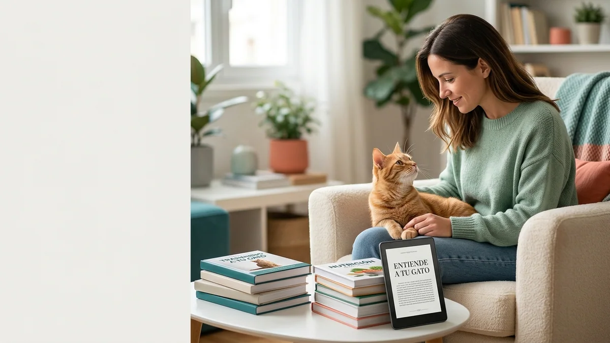 Imagen editorial de a cat owner decoding a domestic cat body-language moment, with a close trust-building interaction in a calm home; a balanced visual choice between two clearly different paths, with a decision still open so the reader wants the verdict. Artículo: Gatos: Comportamiento y Convivencia en 2026 — Guía Definitiva