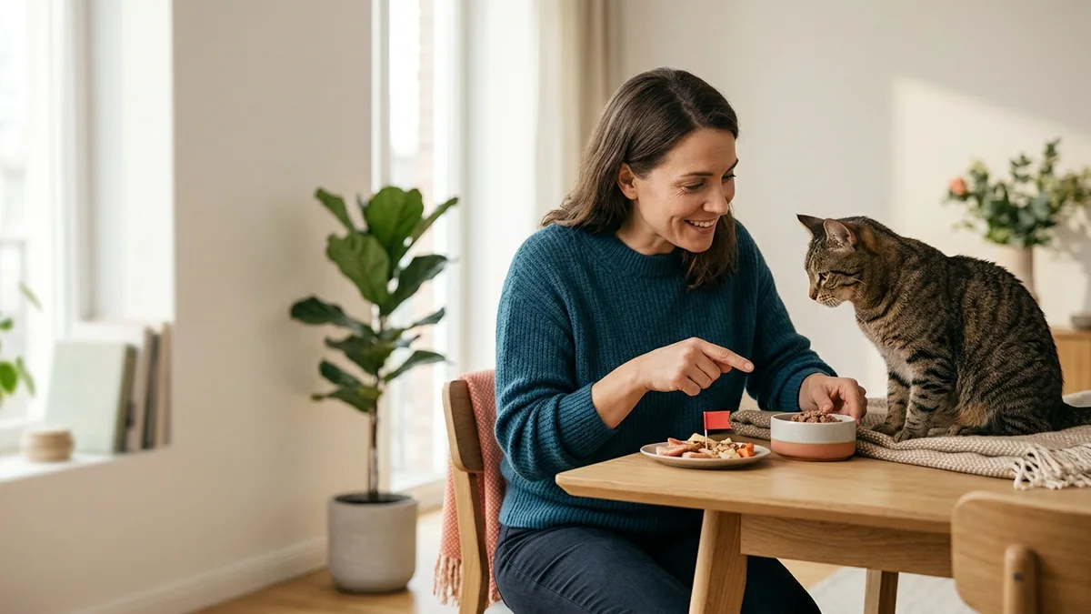 Imagen editorial de a cat owner decoding a domestic cat body-language moment, with a close trust-building interaction in a calm home; a recognizable mistake with visual warning cues and a concrete corrective action, creating curiosity about the solution. Artículo: Nutrición Felina 2026: Guía para Alimentar Bien a tu Gato