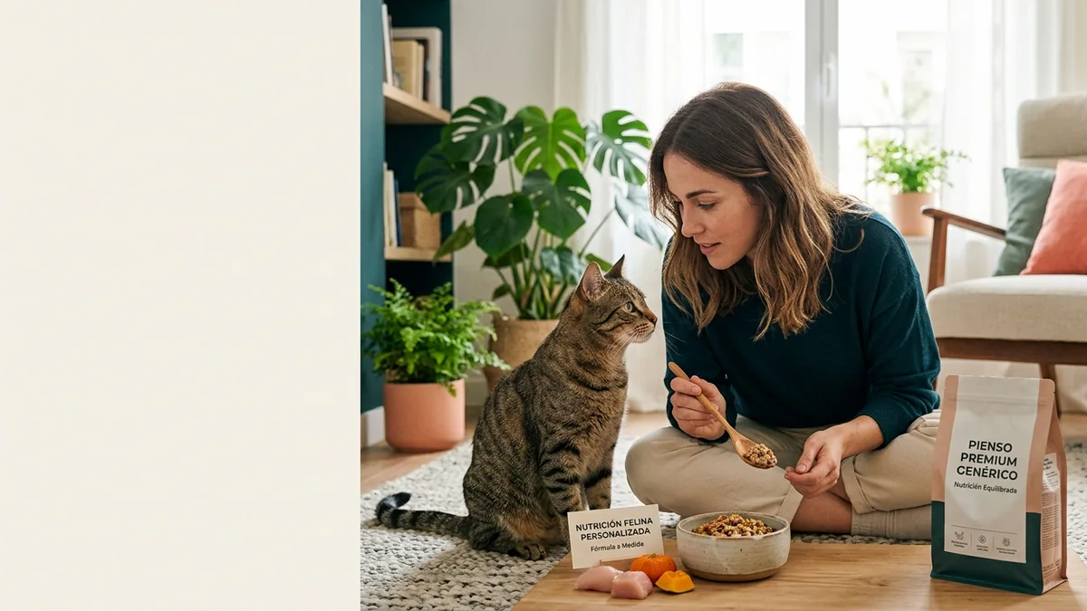 Imagen editorial de a cat owner decoding a domestic cat body-language moment, with a close trust-building interaction in a calm home; a balanced visual choice between two clearly different paths, with a decision still open so the reader wants the verdict. Artículo: Nutrición Felina vs. Piensos Premium Genéricos 2026: ¿Cuál Elegir?