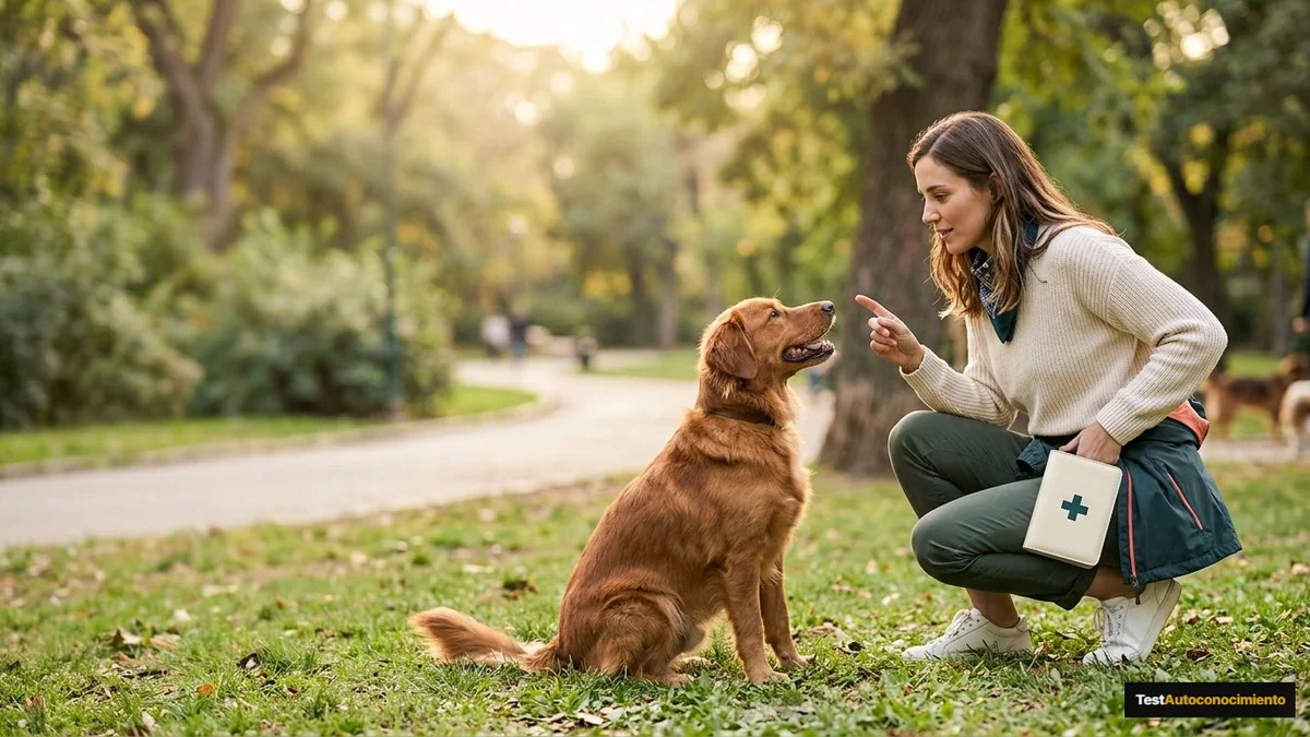 Imagen editorial de a dog owner using positive reinforcement during a concrete training moment in a sunlit park, with the dog visibly responding; an honest editorial review scene with a decisive evaluation gesture, visible criteria and a focal object worth examining. Artículo: Primeros Auxilios Mascotas: guía revisada a fondo en 2026
