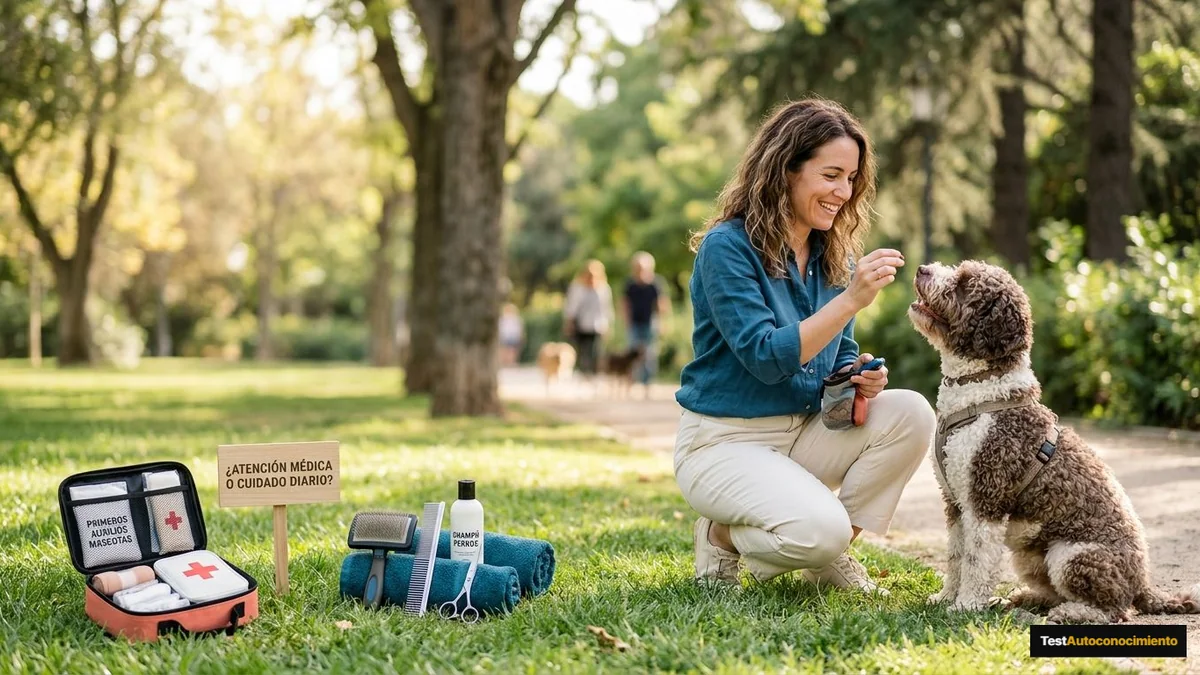Imagen editorial de a dog owner using positive reinforcement during a concrete training moment in a sunlit park, with the dog visibly responding; a recognizable mistake with visual warning cues and a concrete corrective action, creating curiosity about the solution. Artículo: Primeros Auxilios vs Peluquería Canina: ¿cuál elegir en 2026?