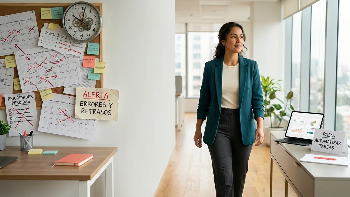 Imagen editorial de una persona serena organizando su semana en un cuaderno junto a un reloj y tarjetas de prioridades, en un espacio luminoso que transmite claridad y autoconocimiento. Artículo: Cómo Elegir tu Sistema de IA con Claude para Ahorrar Tiempo (2026)