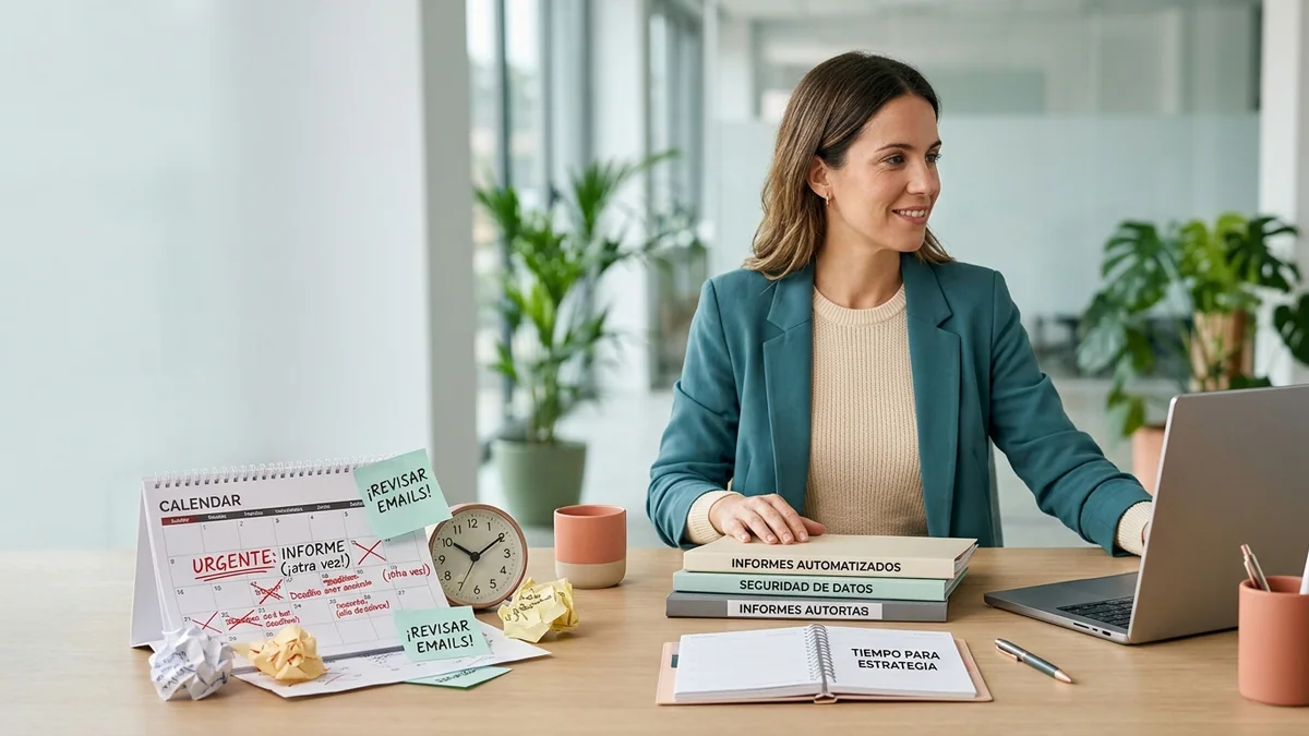 Imagen editorial de una persona serena organizando su semana en un cuaderno junto a un reloj y tarjetas de prioridades, en un espacio luminoso que transmite claridad y autoconocimiento. Artículo: Errores al usar Claude en el trabajo: cómo evitarlos en 2026